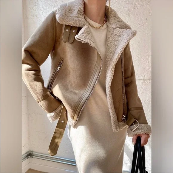 Zara Tan Teddy Jacket with Shearling Collar - Picture 4 of 12